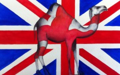 Watercolour painting of a camel overlayed with Union Jack by David Lewry