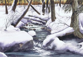 Painting, watercolour - Winter waterfall