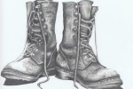 Graphite pencil drawing of old boots on Strathmore paper by artist David Lewry