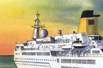 Detail of a watercolour painting of criuse ship MV Spirit on last voyage by SAA artist David Lewry